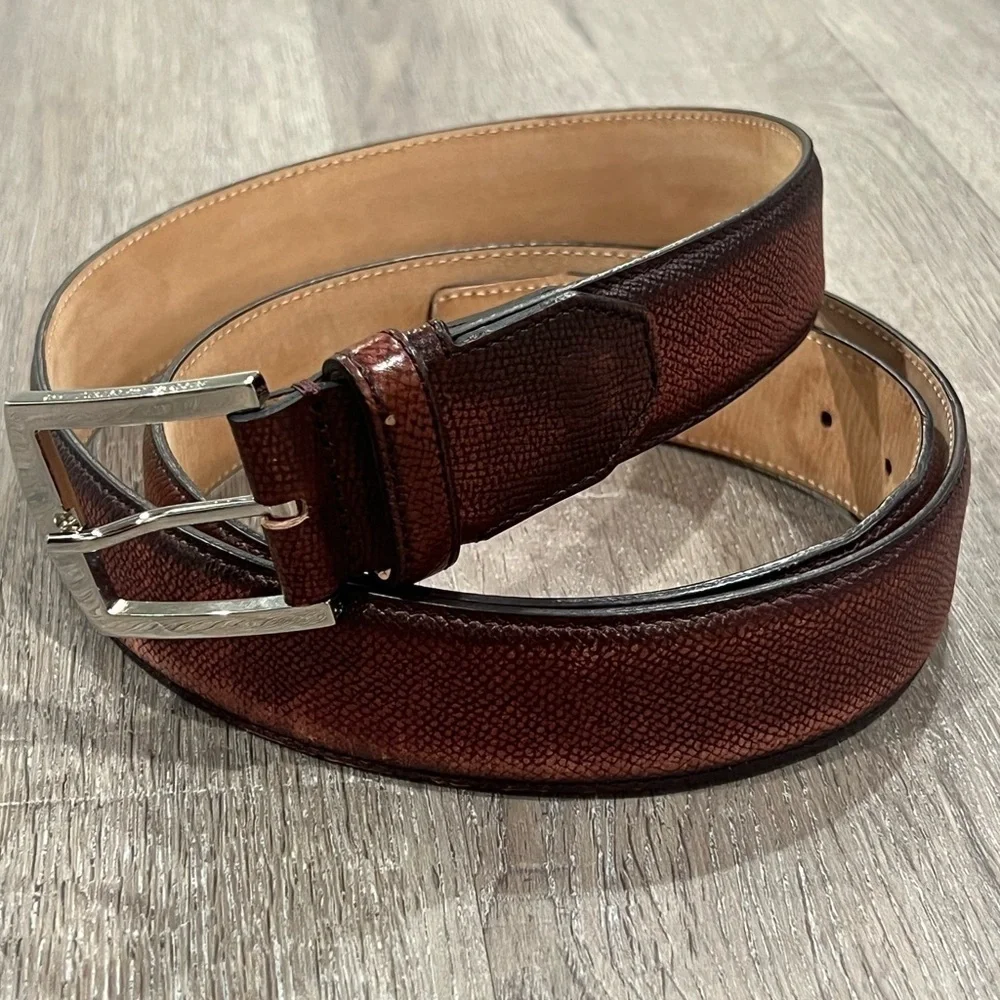 Sutor Mantellassi Size 46 Antique Pebble Brown Made in Italy Solid Brass Belt